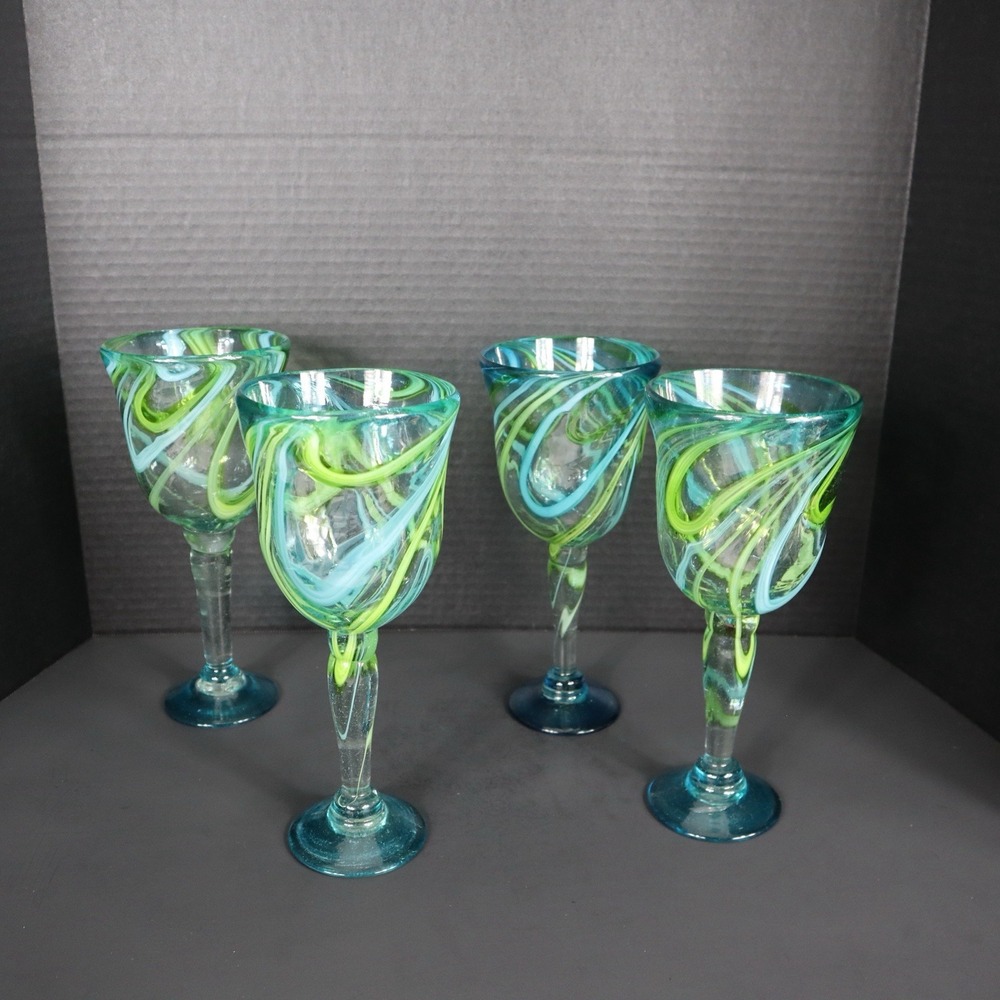 Set Of 4 Matching Hand Blown Mexican Blue/Green Swirl Margarita Glasses 9.5 in. - Picture 4 of 9